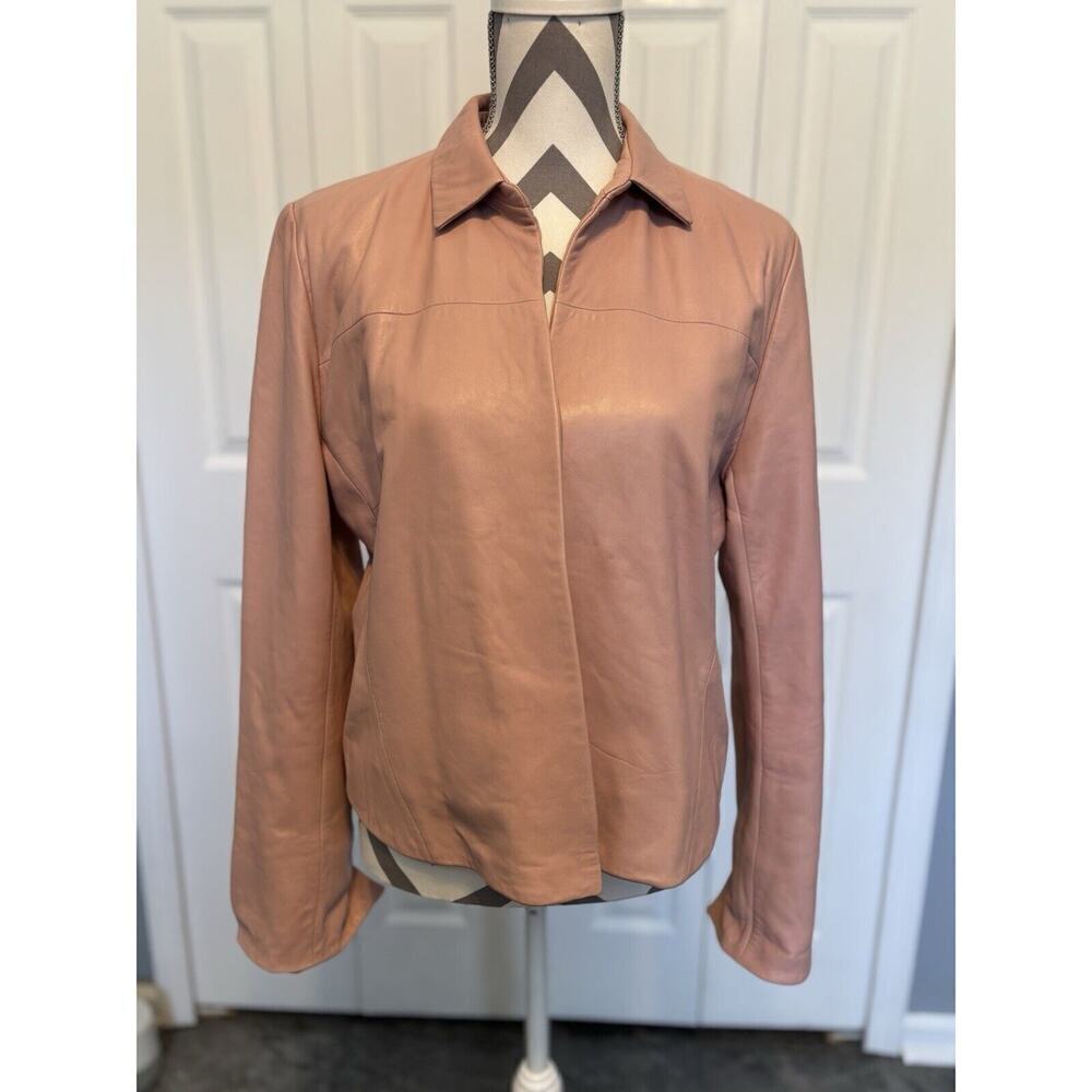 Banana Republic M Plush Pink Soft Leather Jacket Hook Eye Cuffed Collared Casual